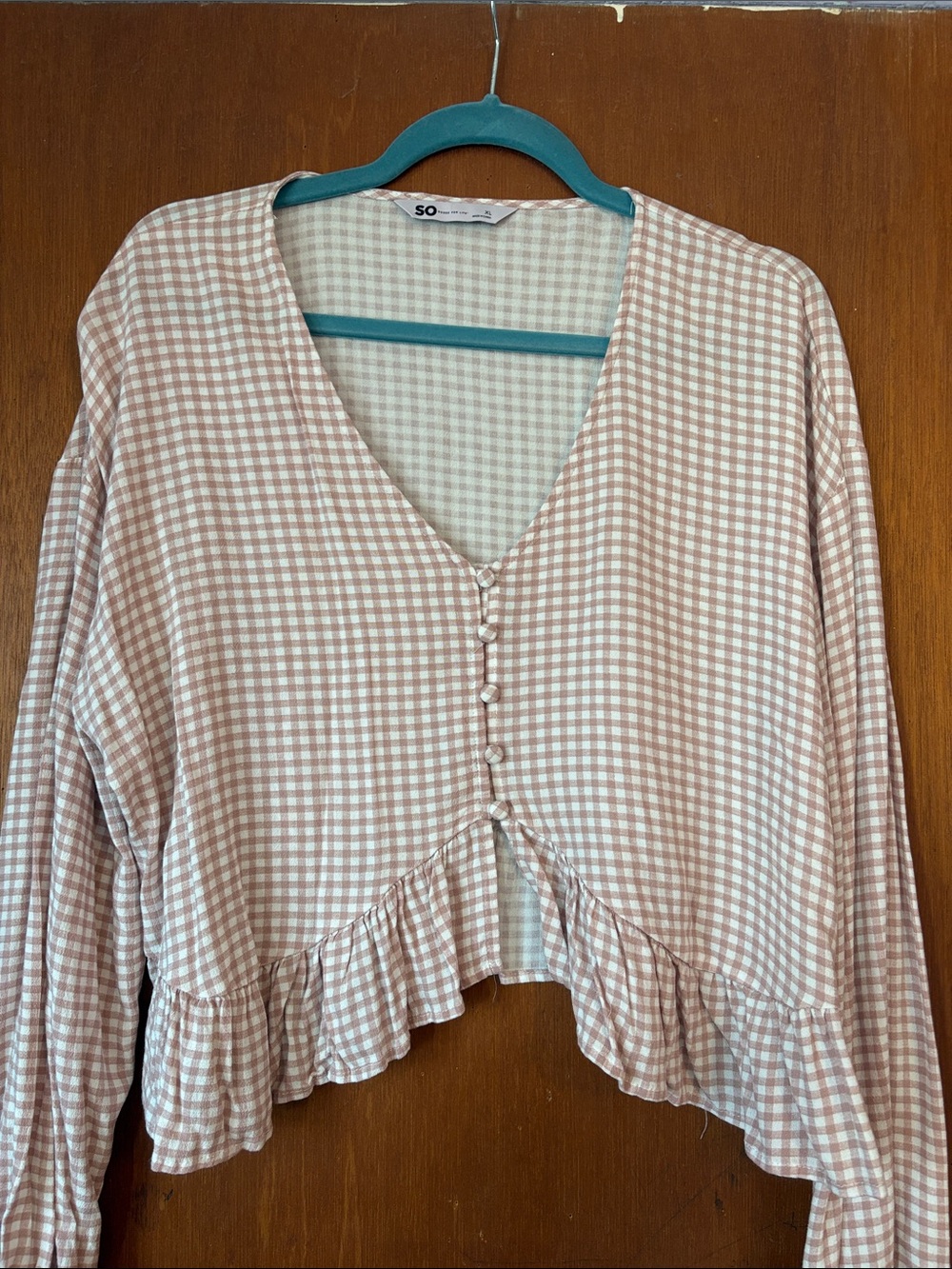 SO Pink Gingham Ruffle-Trim Button Front V-Neck Top